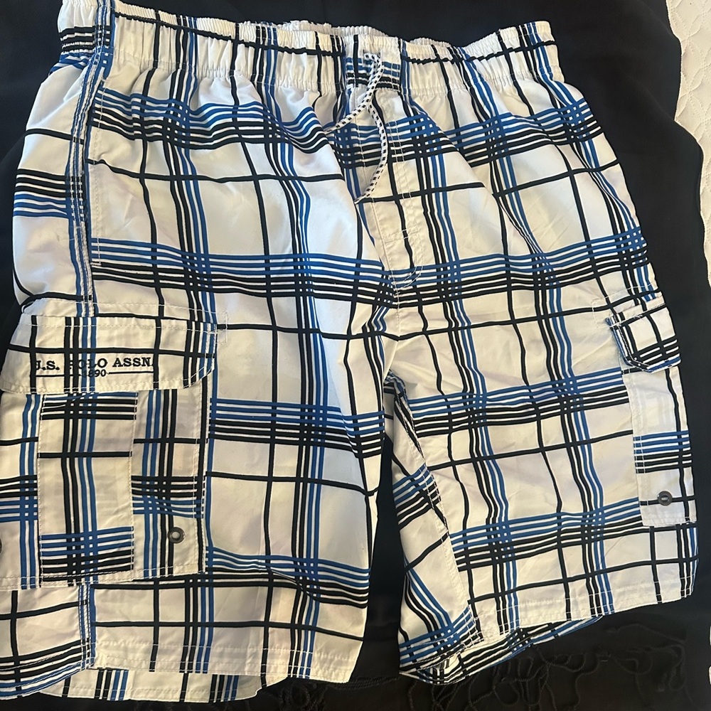 U.S. Polo Assn. Blue and White Swim Trunks with Elastic Waist